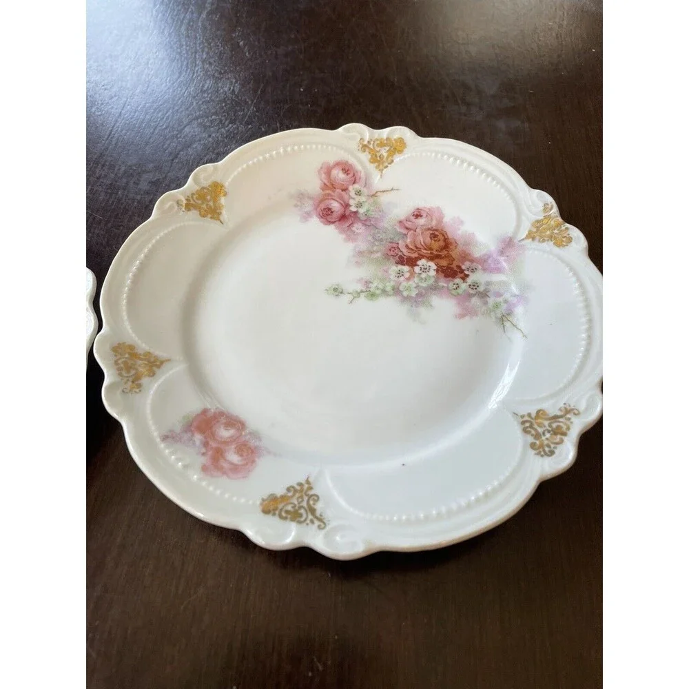 Set Of 4 Piece Saucer Set. Gold Details. Pink, Purple, Green And Brown.